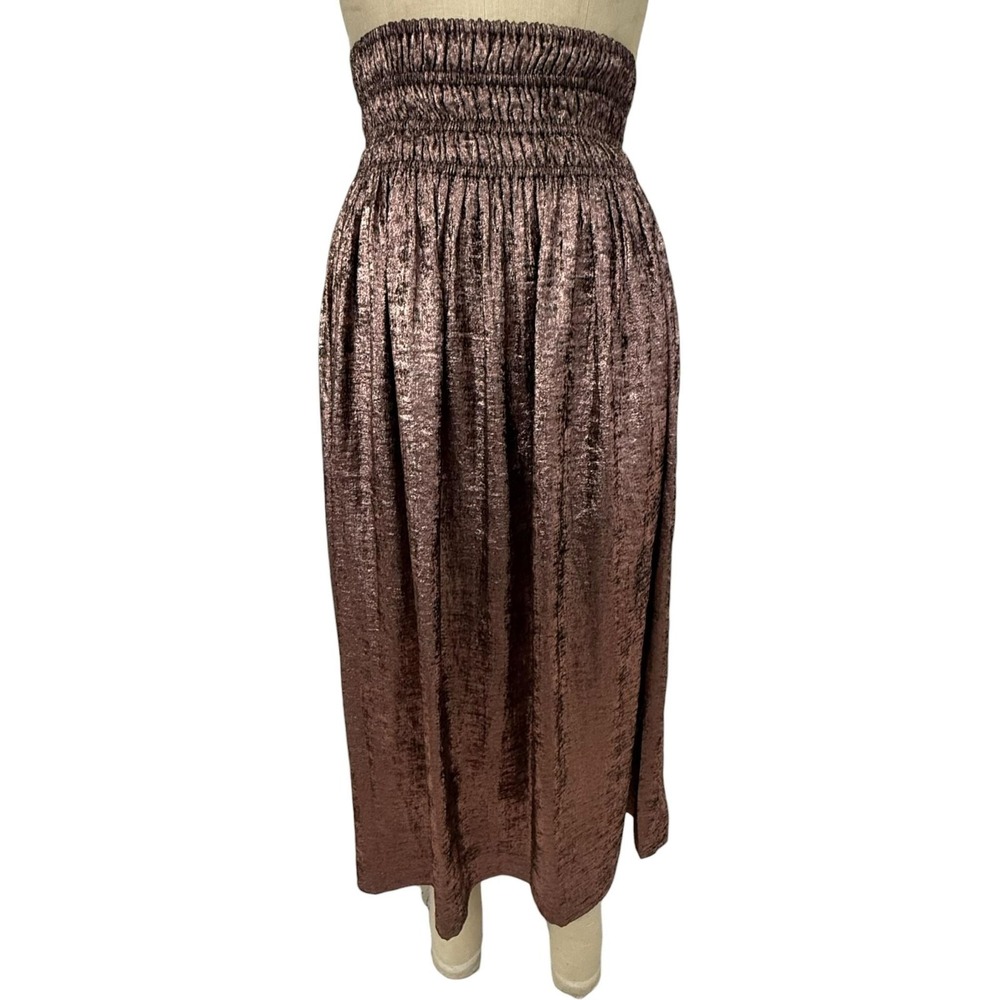The Great. Skirt Womens S Rose Gold Metallic Crinkle Satin Midi Smocked Waist